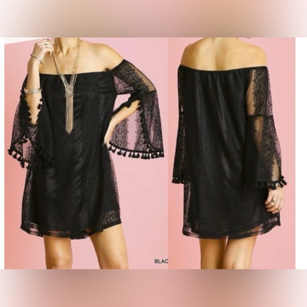 Umgee USA Black Off-Shoulder Mini Shift Lace Dress SZ Small